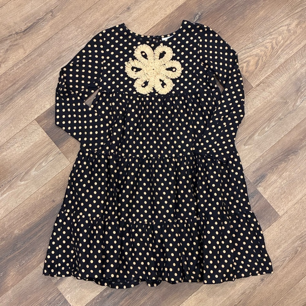 Hanna Andersson Black Polkadot Long Sleeve Flower Ruffle Dress Outfit 10 Girl